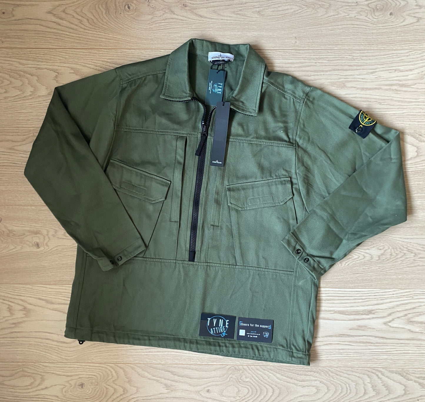 Stone Island 10802 Dual Chest Pocket Garment Dyed Sage Green 3/4 Zip Smock Heavyweight Overshirt Jacket