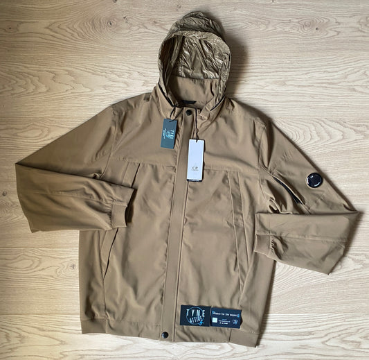C.P. Company Soft Shell-R Arm Lens Multi Pocket Tan Beige Hideaway Hood Jacket