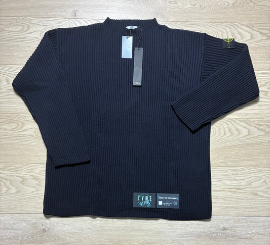 Stone Island 538C2 RWS Lana Wool Ribbed Knit Mockneck Navy Blue Sweater