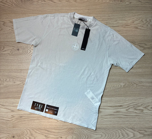 Stone Island 206E5 Textured Cotton Jersey Garment Dyed Spellout Neck/Embroidered Logo Ice Grey Crewneck T-Shirt