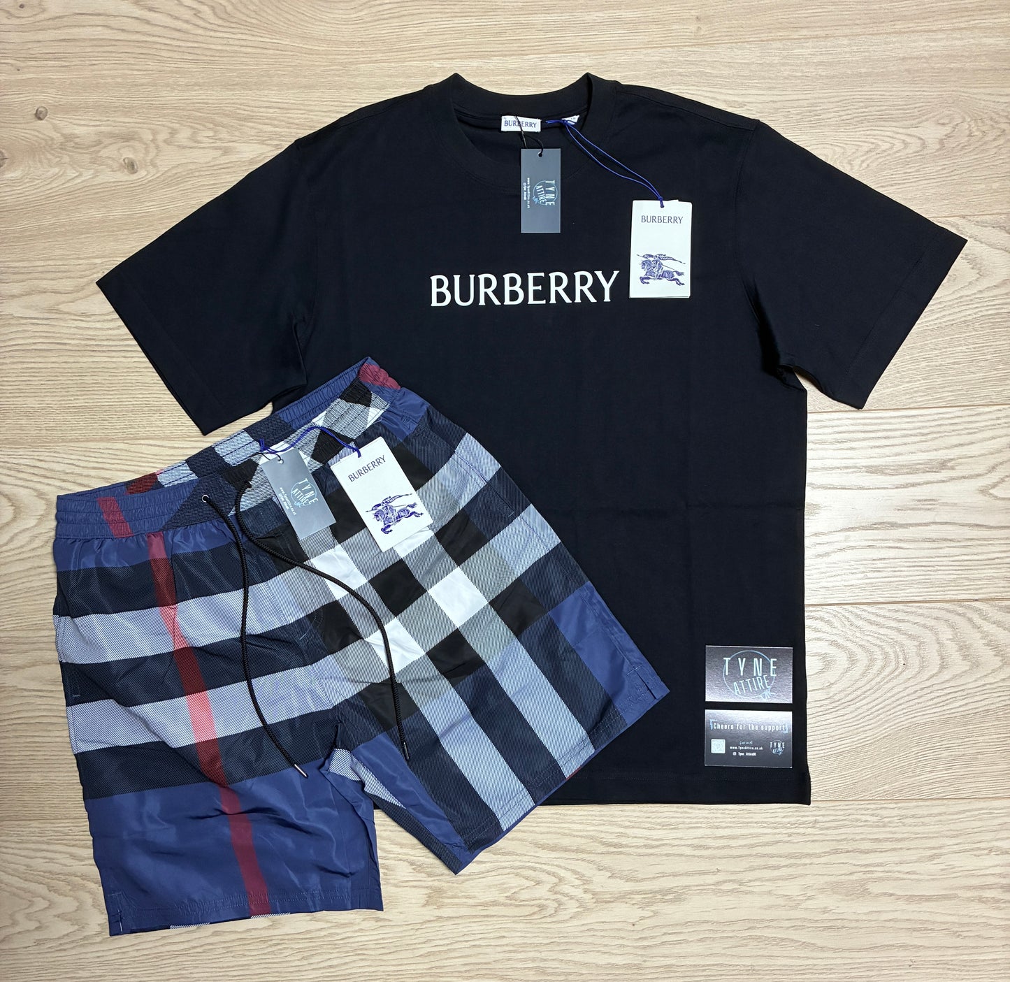 Burberry Guildes Oversized IP Check Carbon Blue Swim Shorts & Seth WDMK Spellout Raised Chest Logo Crewneck T-Shirt Set