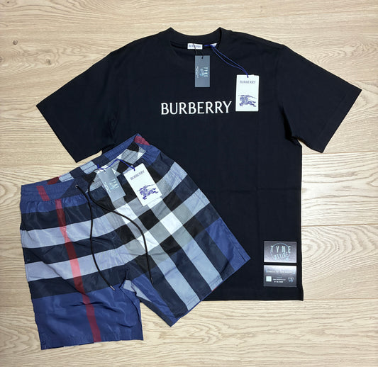 Burberry Guildes Oversized IP Check Carbon Blue Swim Shorts & Seth WDMK Spellout Raised Chest Logo Crewneck T-Shirt Set