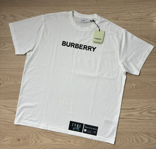 Burberry Harriston Spellout Raised Chest Logo Cotton White Oversized Cotton Crewneck T-Shirt