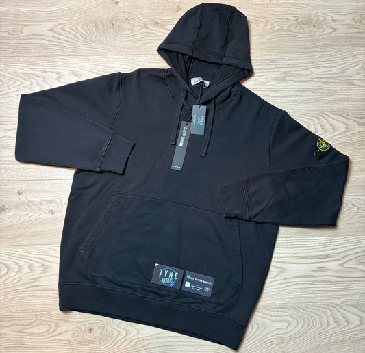 Stone Island 64151 Organic Cotton Fleece Garment Dyed Black Popover Drawstring Hoodie