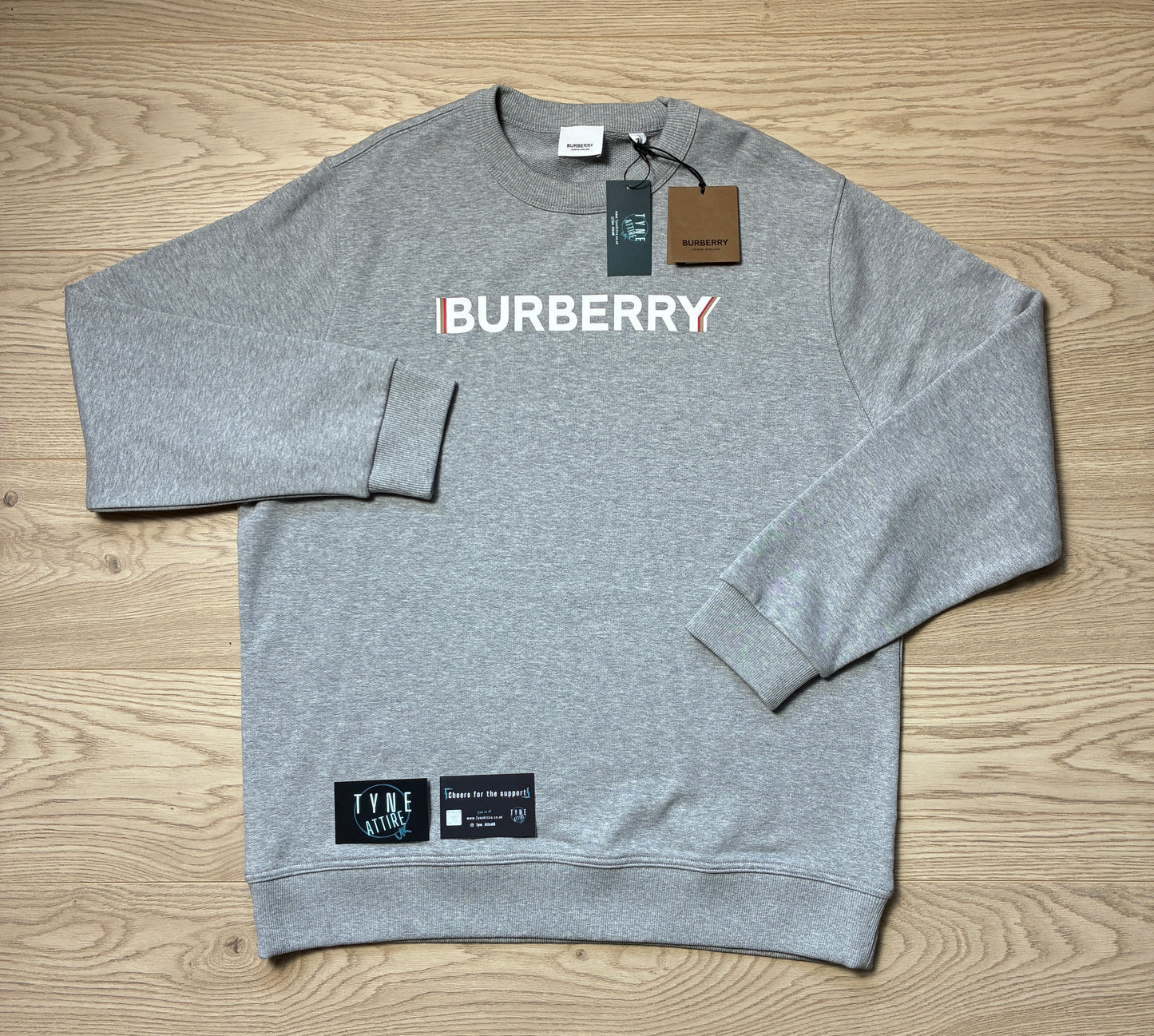 Burberry Fawson Cotton Spellout Text Logo Marl Grey Crewneck Sweater