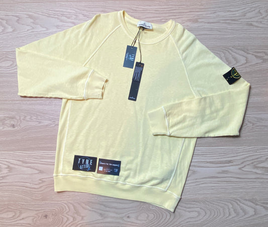Stone Island 66360 Garment Dyed Malfile Fleece ‘Old’ Effect Yellow Crewneck Sweater