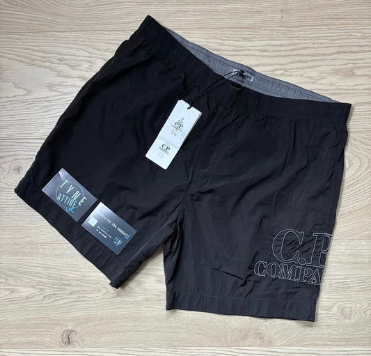 C.P. Company Eco-Chrome R Spellout Logo Nylon Garment Dyed Black Swim Shorts
