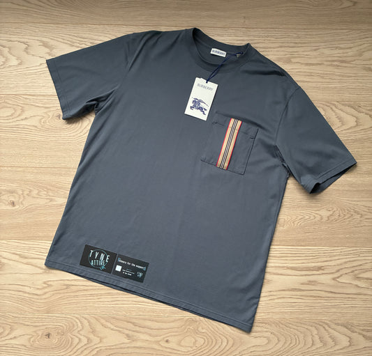 Burberry Ellison Icon Stripe Pocket Cotton Carbon Blue Crewneck T-Shirt