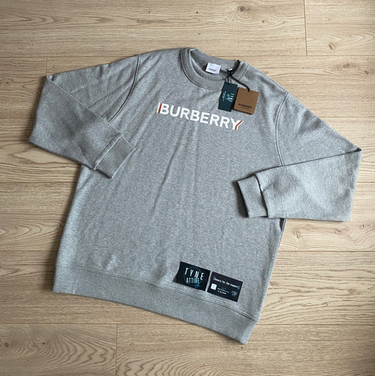 Burberry Fawson Cotton Spellout Text Logo Marl Grey Crewneck Sweater