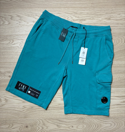 C.P. Company Resist Dyed Lens Pocket Fleece Cotton Turquoise Blue Bermuda Cargo Sweat Shorts