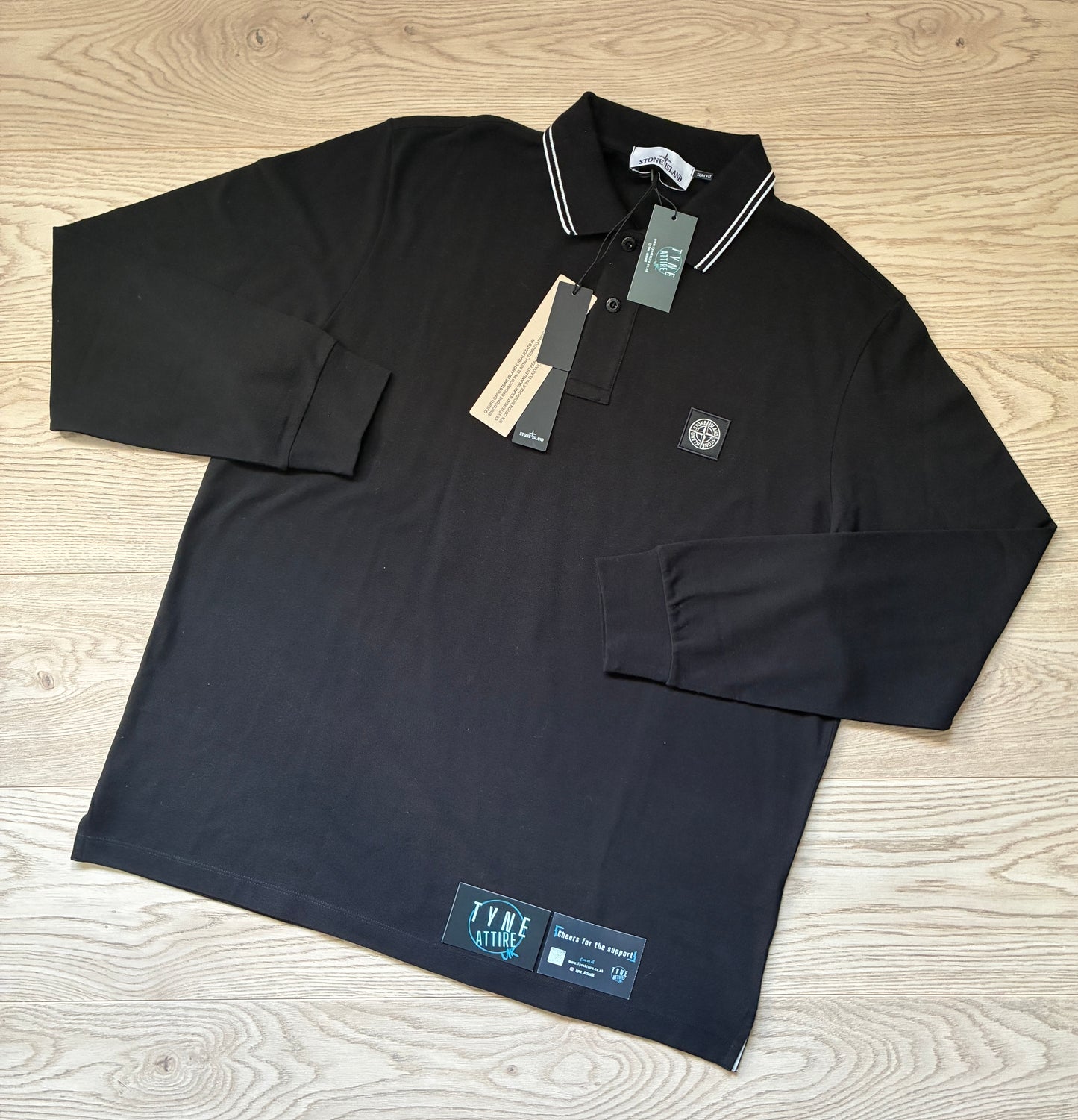 Stone Island 2SL18 Organic Cotton Piqué Patch Logo Slim Fit Black L/S Polo T-Shirt