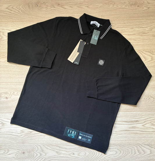 Stone Island 2SL18 Organic Cotton Piqué Patch Logo Slim Fit Black L/S Polo T-Shirt