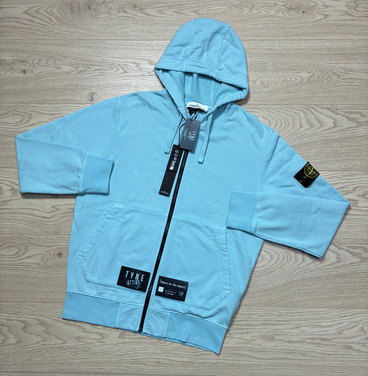 Stone Island 64251 Cotton Fleece Garment Dyed Sky Blue Zip Up Drawstring Hoodie