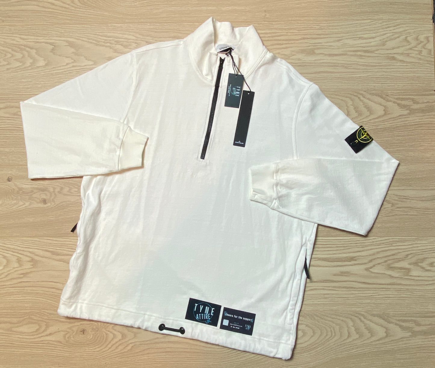 Stone Island 627Q1 40th Anniversary Garment Dyed 1/2 Zip White Funnel Neck Sweater