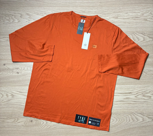 C.P. Company Jersey 70/2 Patch Chest Logo Mercerized Jersey Cotton Orange Crewneck L/S T-Shirt