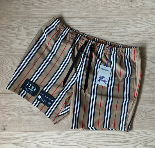 Burberry Martin Archive Beige Signature Check Stripe Drawsting Swim Shorts