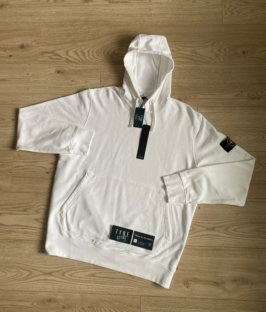 Stone Island 64151 Organic Cotton Fleece Garment Dyed White Popover Drawstring Hoodie