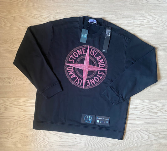Stone Island 65484 Cotton Black/Pink Embroided Compass Logo Crewneck Sweater