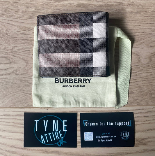Burberry Check Print Leather Unisex Card/Note Holder Brown Birch Bi-Fold Wallet