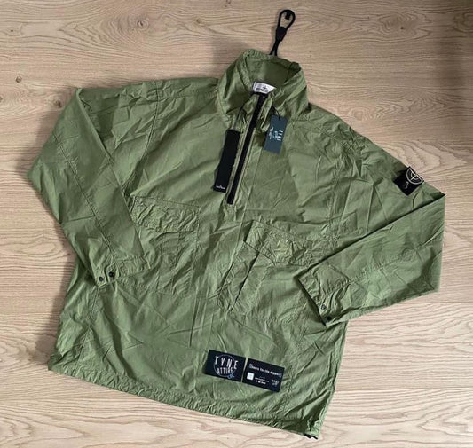 Stone Island 10705 1/2 Zip Dual Chest Pocket Garment Dyed Sage Green Lightweight Smock Jacket
