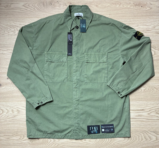 Stone Island 114WN T.Co+Old Effect Cotton Dual Chest Pocket Sage Green Button Overshirt Jacket