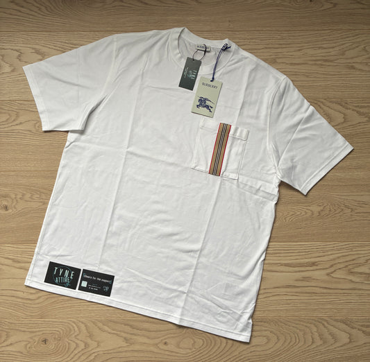Burberry Ellison Icon Stripe Pocket Cotton White Crewneck T-Shirt