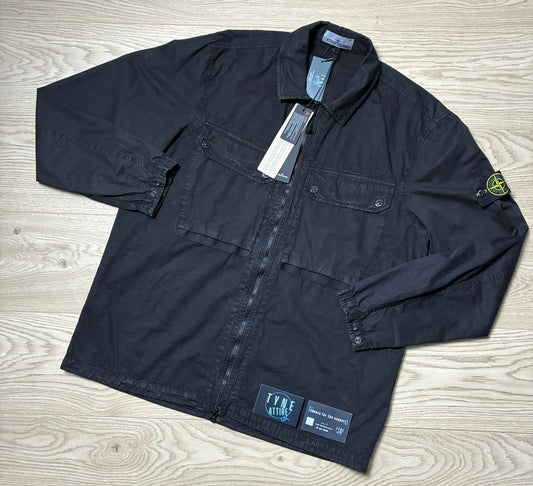 Stone Island 102WN ‘OLD’ Effect Organic Cotton Dual Chest Pocket Black Zipped Overshirt
