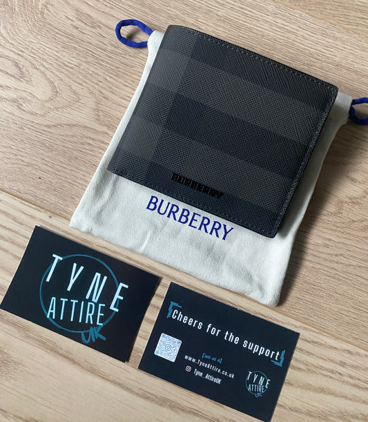 Burberry Check Print Leather Unisex Card/Coin/Note Holder Charcoal Black Bi-Fold Wallet