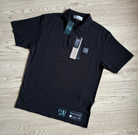 Stone Island 2200205 Organic Cotton Jersey ‘Fissato’ Effect Patch Logo Black Polo T-Shirt