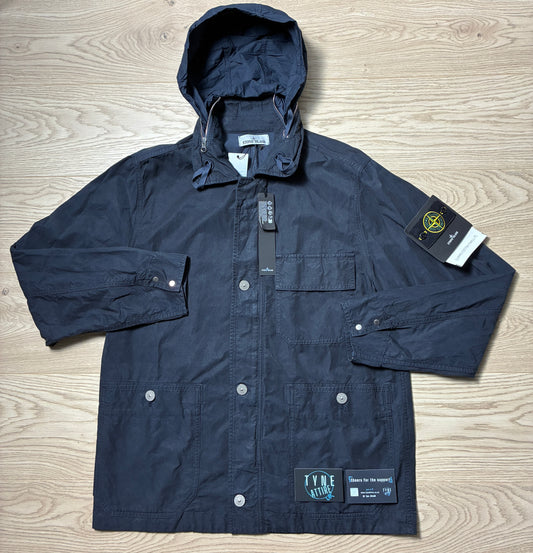 Stone Island 42329 Cupro Cotton Twill-TC Garment Dyed Hideaway Hooded Navy Blue Jacket