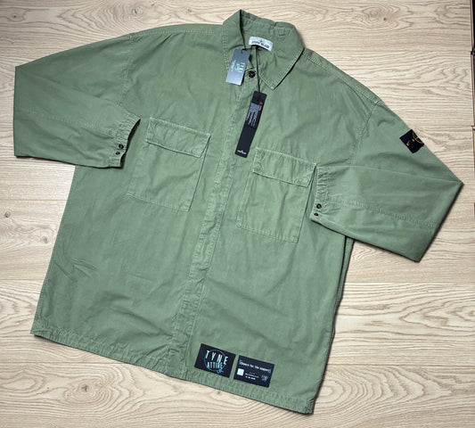 Stone Island 115WN T.Co+Old Effect Cotton Dual Chest Pocket Sage Green Button Overshirt Jacket