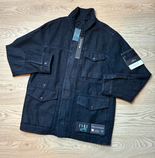 Stone Island 4100077 Ghost Piece_Garment Dyed Bonded Linen Collared Navy Blue Jacket