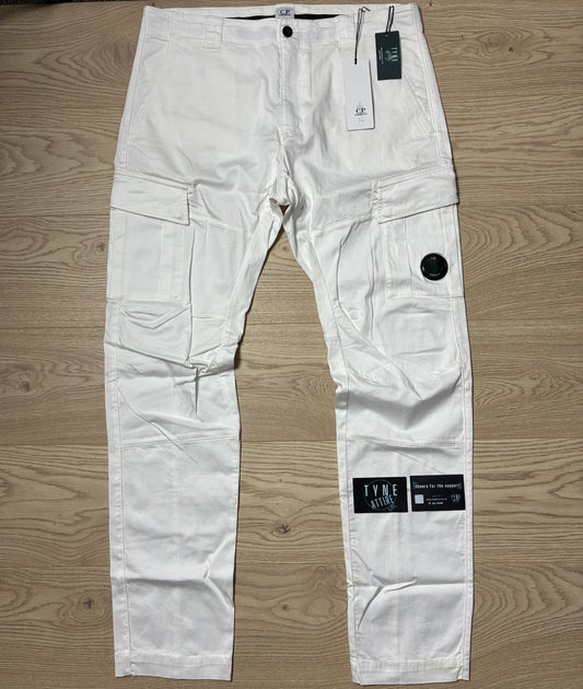 C.P. Company GD Ergonomic Fit Satin Stretch Lens Pocket White Cargo Trousers