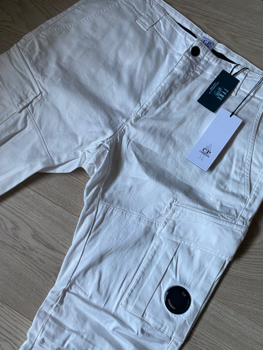 C.P. Company GD Ergonomic Fit Satin Stretch Lens Pocket White Cargo Trousers