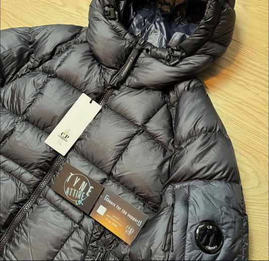 C.P. Company D.D Shell Arm Pocket Lens Down Filled Nylon Navy Blue Hooded Puffer Jacket