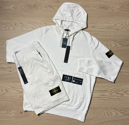 Stone Island Organic Cotton Fleece GD White Popover Hoodie & Shorts Set