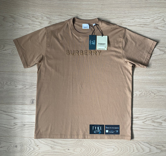 Burberry Spellout Raised Chest Logo Cotton Camel Legacy Beige Crewneck T-Shirt