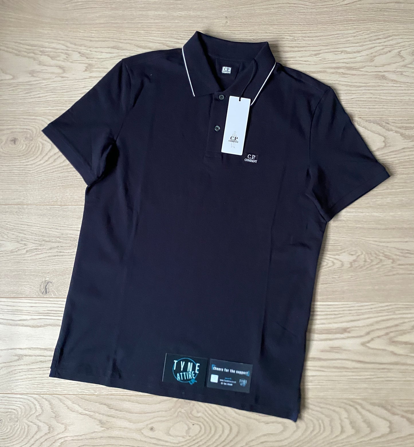 C.P. Company Embroidered Patch Logo Stretch Piquet Tipped Navy Blue/White Polo T-Shirt