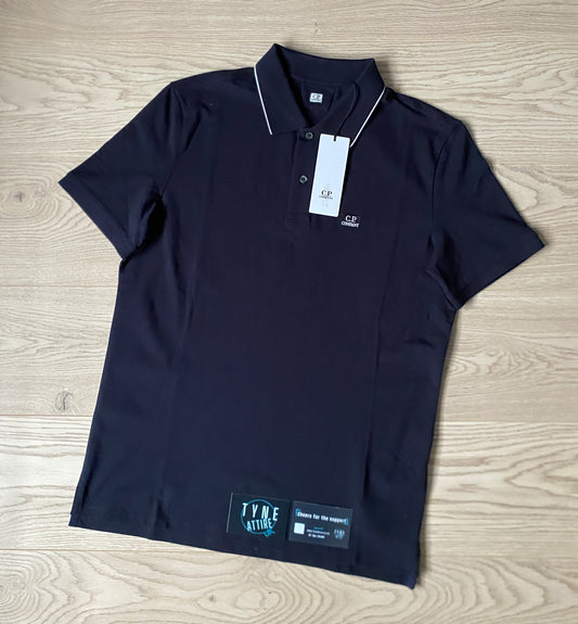 C.P. Company Embroidered Patch Logo Stretch Piquet Tipped Navy Blue/White Polo T-Shirt