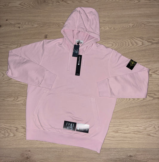 Stone Island 64151 Cotton Fleece Garment Dyed Rose Pink Popover Drawstring Hoodie