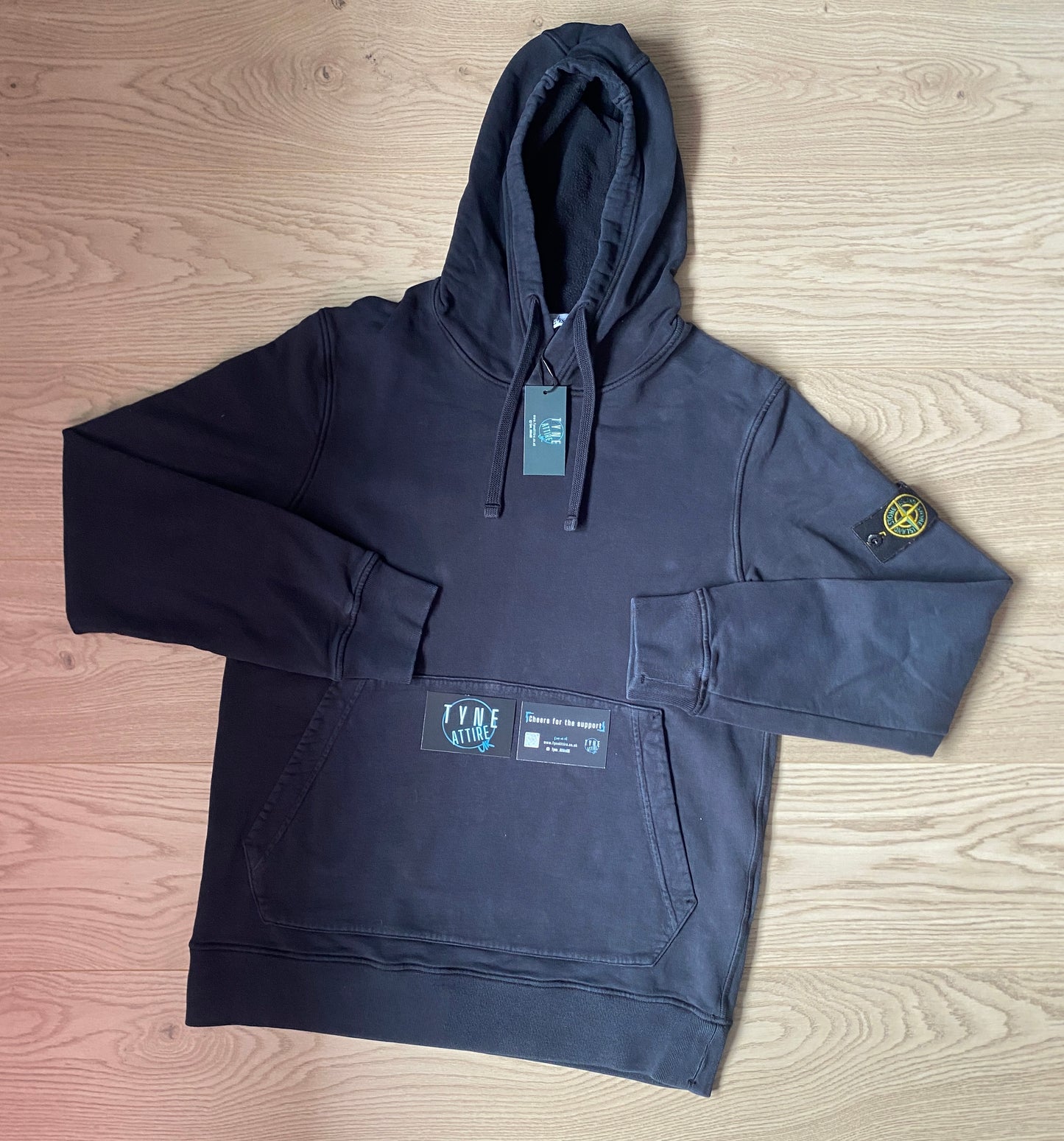 Stone Island 64120 Cotton Fleece Garment Dyed Navy Blue Popover Drawstring Hoodie