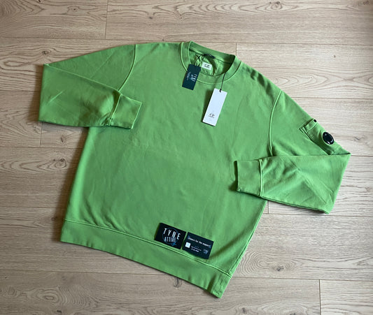C.P. Company Resist Dyed Cotton Diagonal Fleece Pocket Arm Lens Green Crewneck Sweater