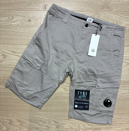 C.P Company Satin Stretch GD Bermuda Lens Pocket Beige Cargo Shorts