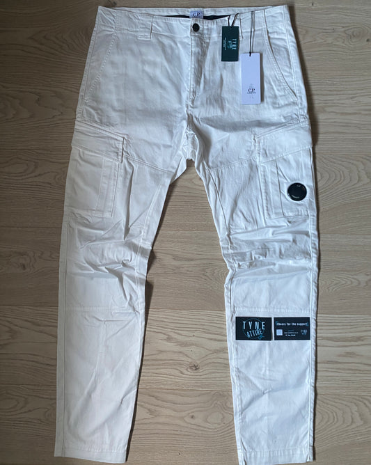 C.P. Company GD Ergonomic Fit Satin Stretch Lens Pocket White Cargo Trousers