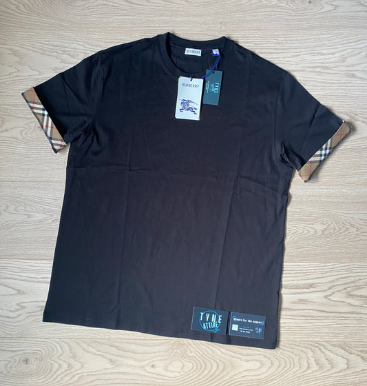Burberry Ellison Organic Cotton Checked Sleeve Trim Black Crewneck T-Shirt