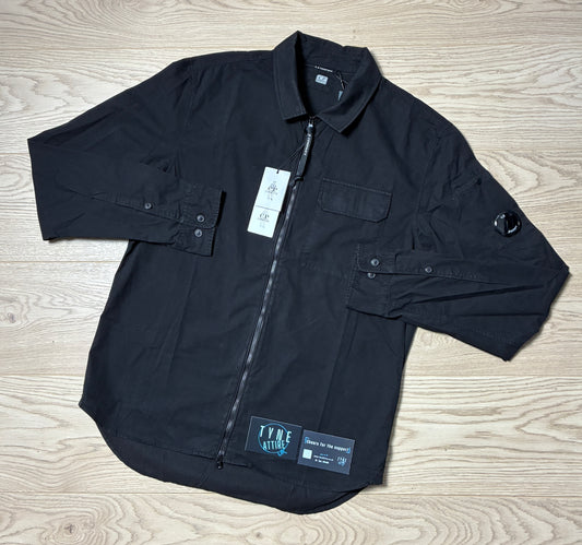 C.P Company Gabardine Chest Pocket Garment Dyed Arm Lens Black Full Zip Overshirt