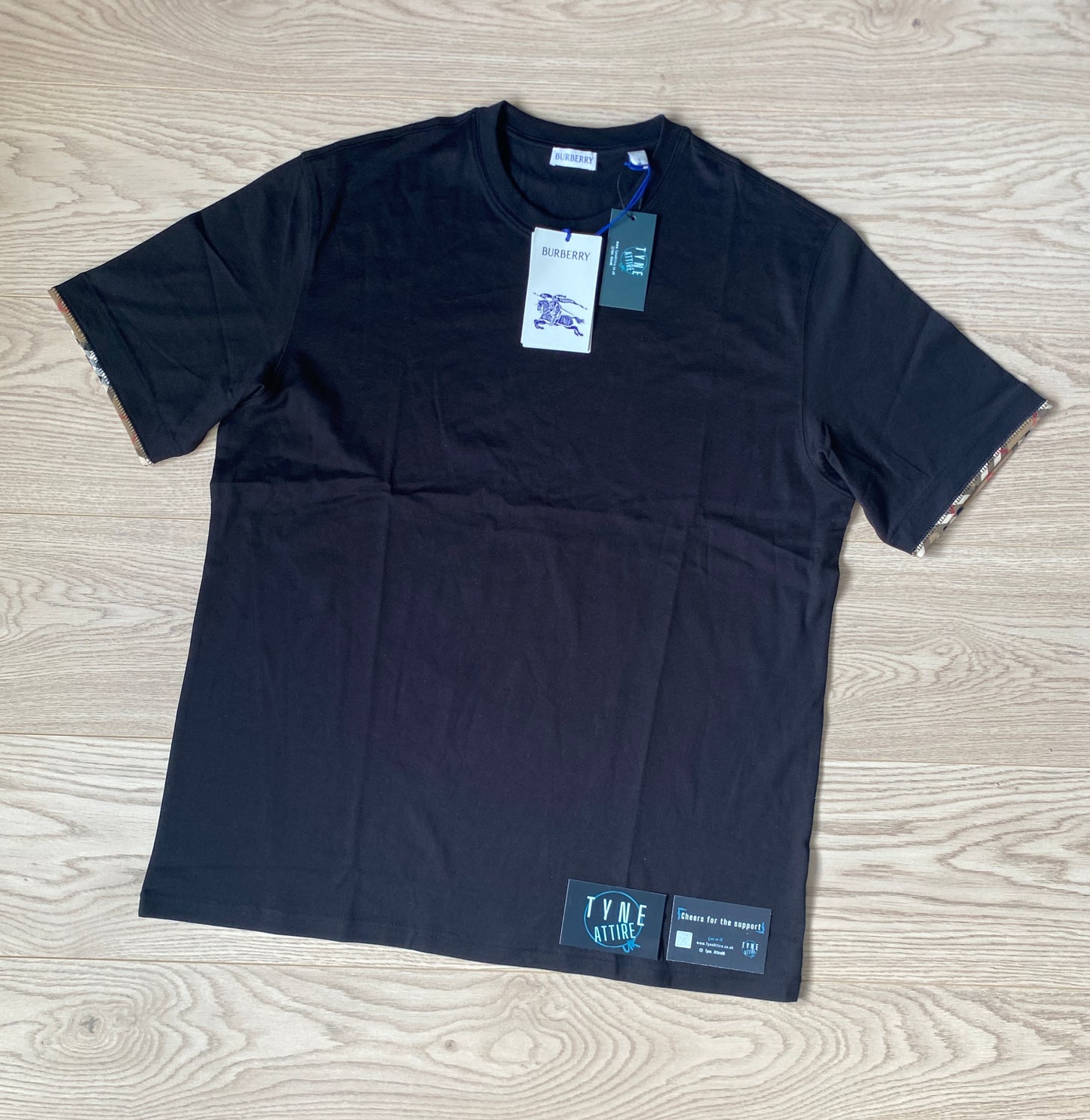 Burberry Ellison Organic Cotton Checked Sleeve Trim Black Crewneck T-Shirt