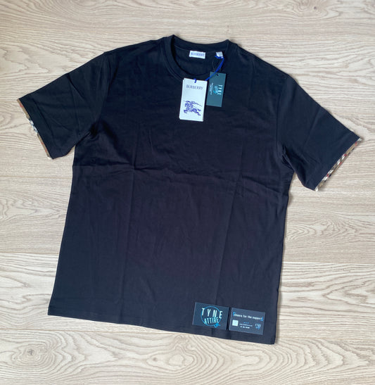 Burberry Ellison Organic Cotton Checked Sleeve Trim Black Crewneck T-Shirt