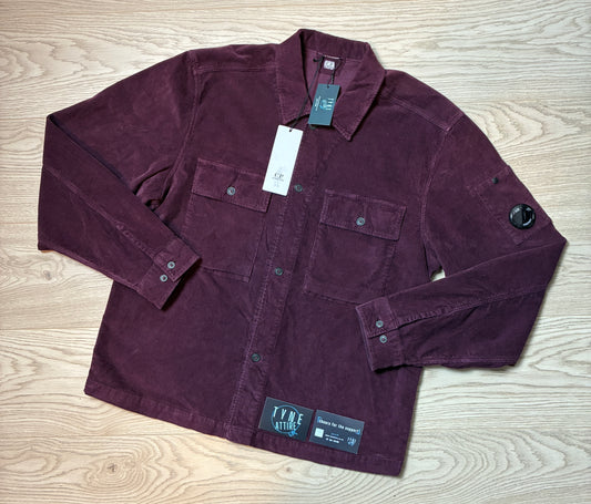 C.P. Company Garment Dyed Arm Lens Dual Chest Pocket Corduory Burgundy Button Overshirt