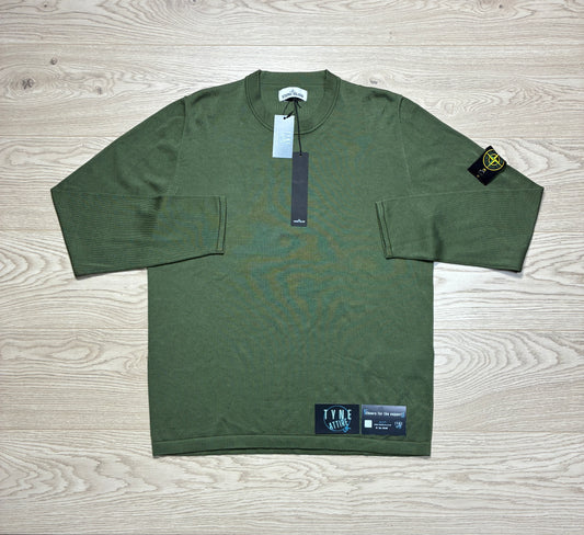 Stone Island 517B3 Garment Dyed Textured Cotton Knit Khaki Green Crewneck Sweater